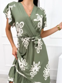 Zielona Sukienka Midi w Beżowy Wzór 12464-356-D|Modna Kiecka Discount