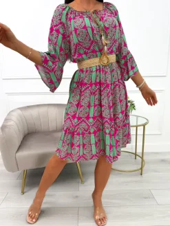 Zielona Sukienka Oversize w Różowy Wzór 14041-361-E|Modna Kiecka Hot