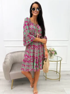 Zielona Sukienka Oversize w Różowy Wzór 14041-361-E|Modna Kiecka Hot