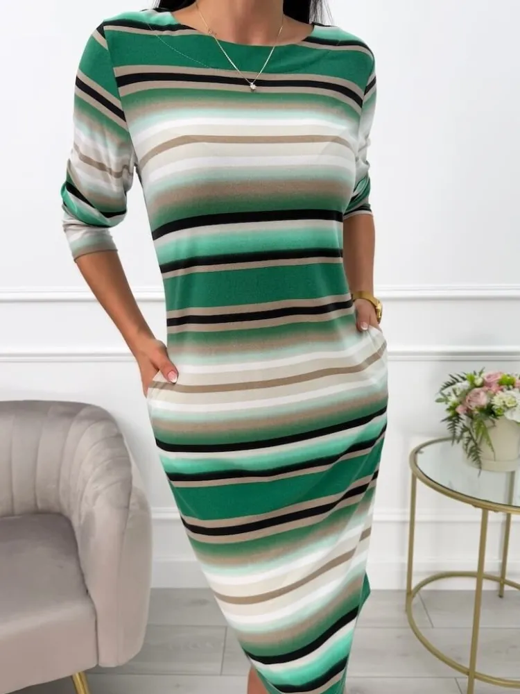 Zielona Sukienka w Pasy z Kieszeniami 13598-206-B|Modna Kiecka Fashion