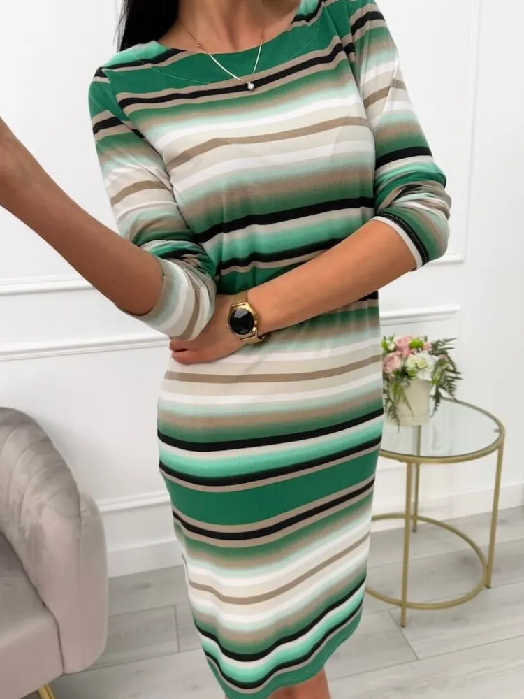 Zielona Sukienka w Pasy z Kieszeniami 13598-206-B|Modna Kiecka Fashion