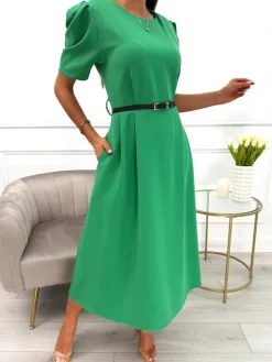 Zielona Sukienka z Bufiastymi Rękawami i Paskiem 13848-533-D|Modna Kiecka Outlet