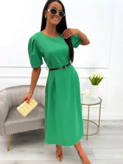 Zielona Sukienka z Bufiastymi Rękawami i Paskiem 13848-533-D|Modna Kiecka Outlet