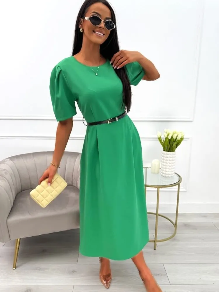 Zielona Sukienka z Bufiastymi Rękawami i Paskiem 13848-533-D|Modna Kiecka Outlet