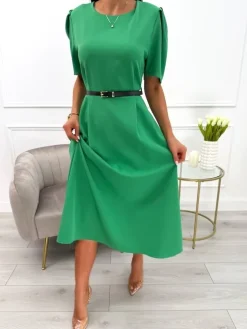 Zielona Sukienka z Bufiastymi Rękawami i Paskiem 13848-533-D|Modna Kiecka Outlet