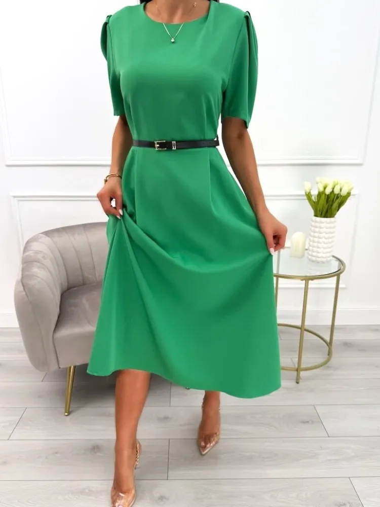 Zielona Sukienka z Bufiastymi Rękawami i Paskiem 13848-533-D|Modna Kiecka Outlet