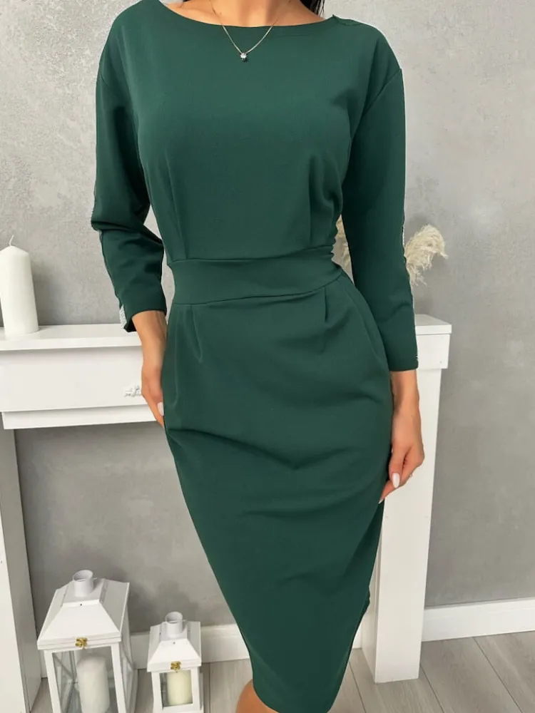 Zielona Sukienka z Ozdobnym Rękawem 11190-326-D|Modna Kiecka Online