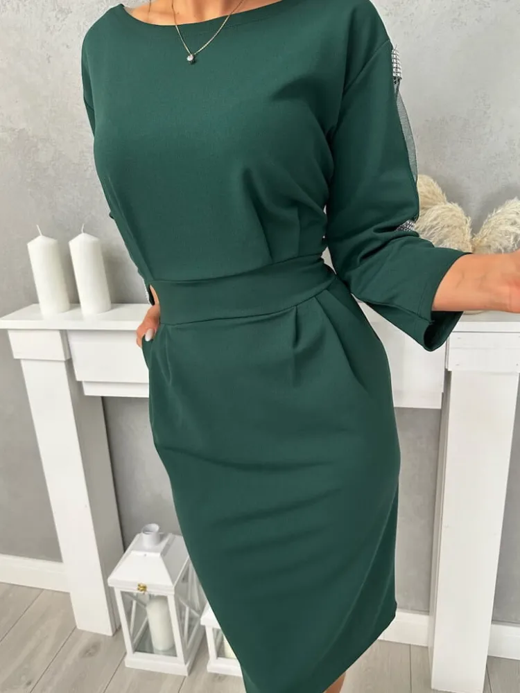 Zielona Sukienka z Ozdobnym Rękawem 11190-326-D|Modna Kiecka Online