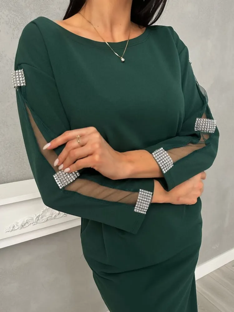 Zielona Sukienka z Ozdobnym Rękawem 11190-326-D|Modna Kiecka Online