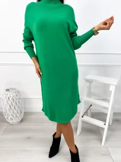 Zielona Sweterkowa Sukienka Oversize z Półgolfem 12910-111-H|Modna Kiecka Discount