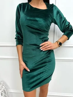 Zielona Welurowa Sukienka z Marszczeniem 9327-232-K|Modna Kiecka New