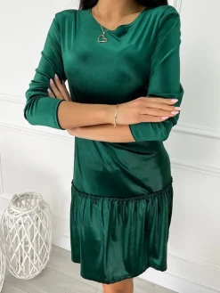 Zielona Welurowa Sukienka z Falbanką 9088-327-D|Modna Kiecka Clearance
