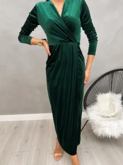 Zielona Welurowa Sukienka Maxi z Rozporkiem 13228-292-D|Modna Kiecka Outlet