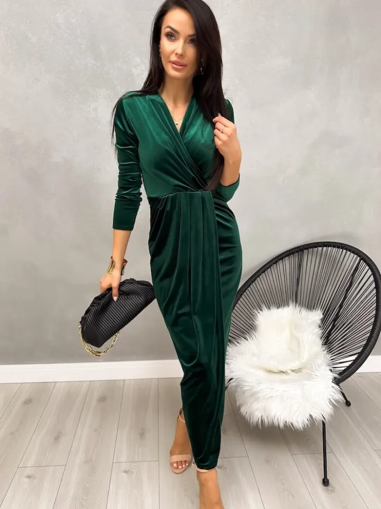 Zielona Welurowa Sukienka Maxi z Rozporkiem 13228-292-D|Modna Kiecka Outlet
