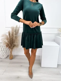 Zielona Welurowa Sukienka z Falbanką 10859-293-E|Modna Kiecka New