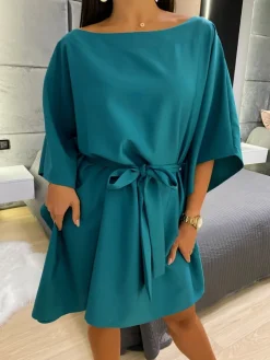 Zielona Wiązana Sukienka Nietoperz 11446-428-H|Modna Kiecka Hot