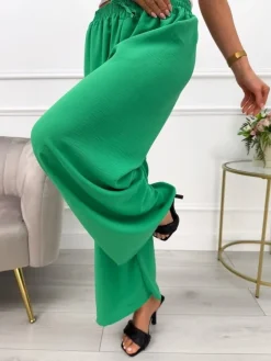 Zielone Spodnie z Szeroką Nogawką 13585-81-G|Modna Kiecka Outlet