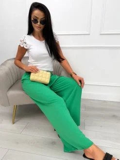Zielone Spodnie z Szeroką Nogawką 13585-81-G|Modna Kiecka Outlet