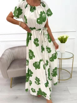Zielono-Beżowa Sukienka Hiszpanka w Kwiaty 14024-131-D|Modna Kiecka Discount