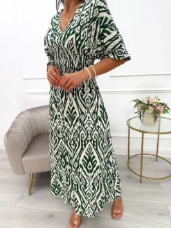 Zielono-Beżowa Sukienka Maxi z Dekoltem V 14035-359-E|Modna Kiecka New