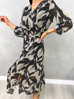 Zielono-Beżowa Sukienka w Roślinny Wzór 13102-229-B|Modna Kiecka Fashion