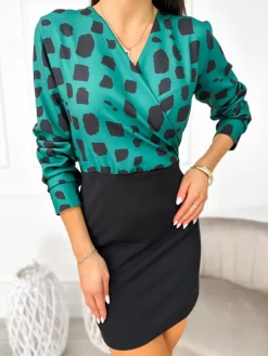 Zielono-Czarna Kopertowa Sukienka 11135-143-E|Modna Kiecka Fashion