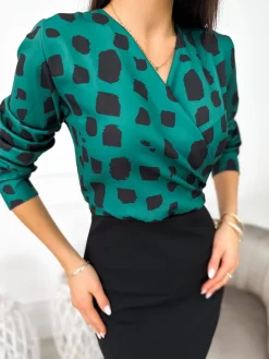 Zielono-Czarna Kopertowa Sukienka 11135-143-E|Modna Kiecka Fashion