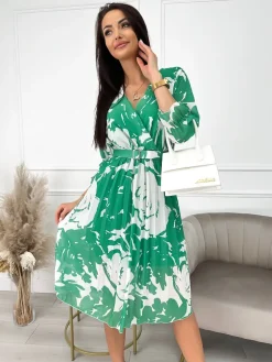 Zielono-Kremowa Plisowana Sukienka 9825-405-C|Modna Kiecka Sale