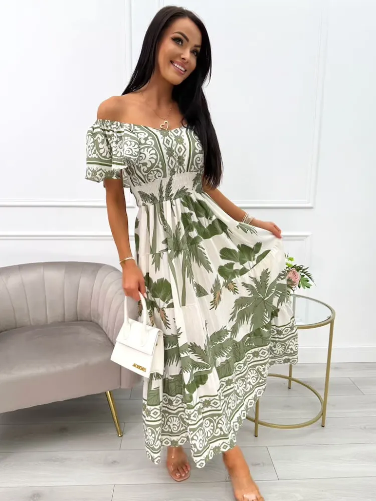 Zielono-Kremowa Sukienka Maxi ze Wzorem 14011-136-D|Modna Kiecka Online