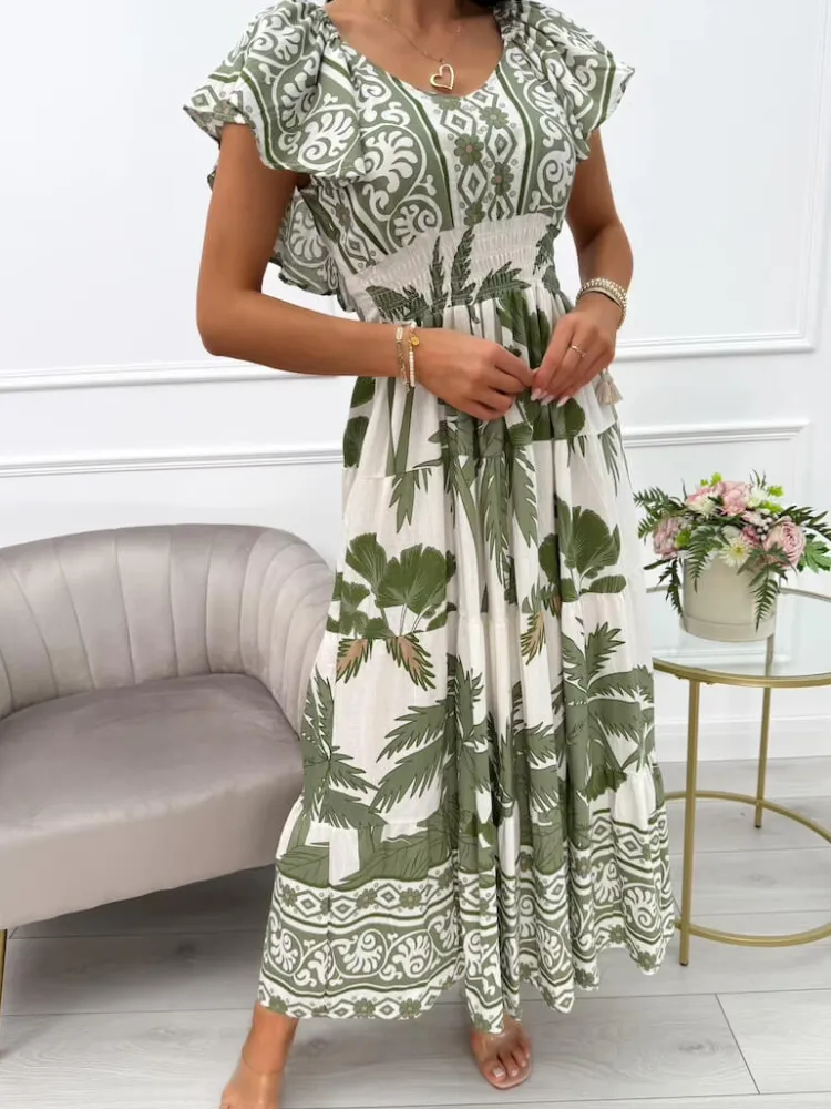 Zielono-Kremowa Sukienka Maxi ze Wzorem 14011-136-D|Modna Kiecka Online