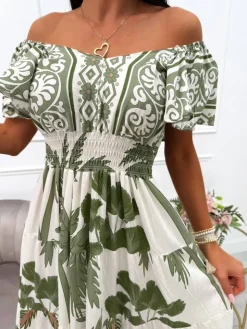 Zielono-Kremowa Sukienka Maxi ze Wzorem 14011-136-D|Modna Kiecka Online