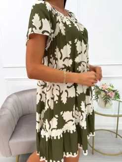 Zielono-Kremowa Sukienka ze Wzorem  14057-503-D|Modna Kiecka New