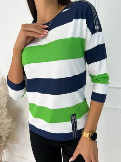 Zielono-Kremowo-Granatowa Bluzka 11418-228-J|Modna Kiecka Outlet