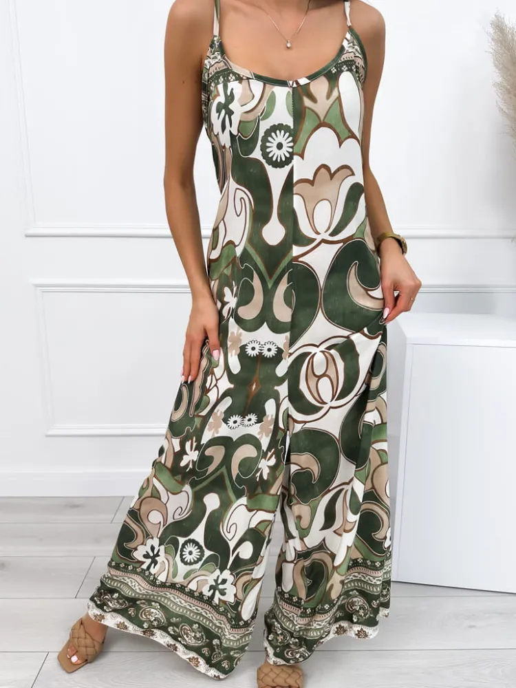 Zielono-Kremowy Wzorzysty Kombinezon na Ramiączkach 12578-45-B|Modna Kiecka Fashion