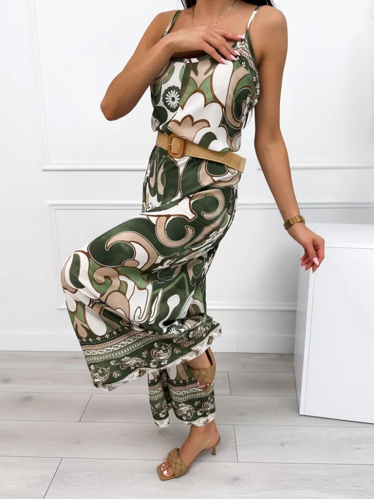 Zielono-Kremowy Wzorzysty Kombinezon na Ramiączkach 12578-45-B|Modna Kiecka Fashion