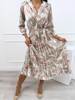 Zielono-Pudrowa Plisowana Sukienka 12339-511-B|Modna Kiecka Fashion