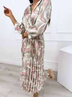 Zielono-Pudrowa Plisowana Sukienka 12339-511-B|Modna Kiecka Fashion