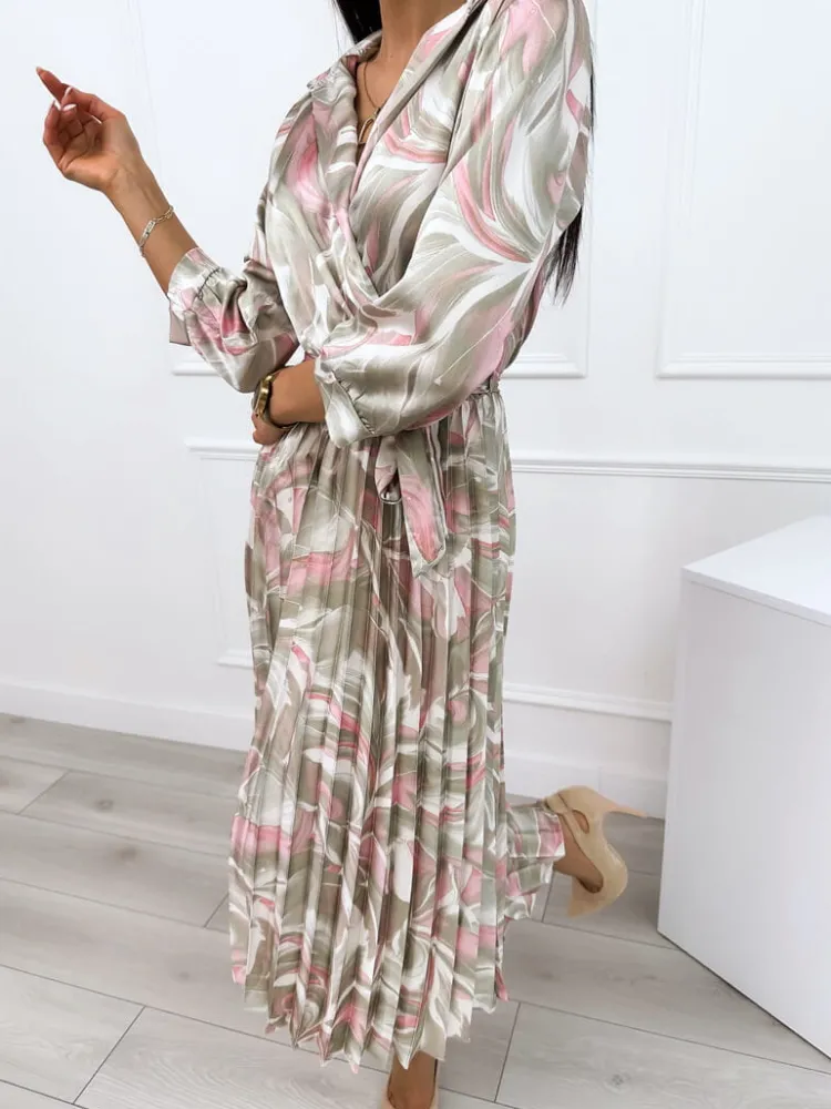 Zielono-Pudrowa Plisowana Sukienka 12339-511-B|Modna Kiecka Fashion