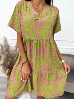 Zielono-Różowa Sukienka Oversize 10329-116-B|Modna Kiecka Clearance