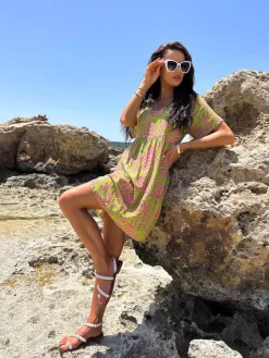 Zielono-Różowa Sukienka Oversize 10329-116-B|Modna Kiecka Clearance