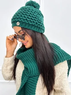 Zielony Komplet Czapka z Pomponem + Szalik 13304-334-H|Modna Kiecka Clearance