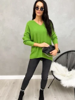 Zielony Sweterek z Dekoltem V 13049-284-I|Modna Kiecka Best