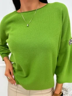 Zielony Sweterek z Ozdobnym Rękawem 13443-199-I|Modna Kiecka Discount