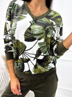 Zielony Welurowy Komplet w Liście 10698-316-Q|Modna Kiecka Outlet